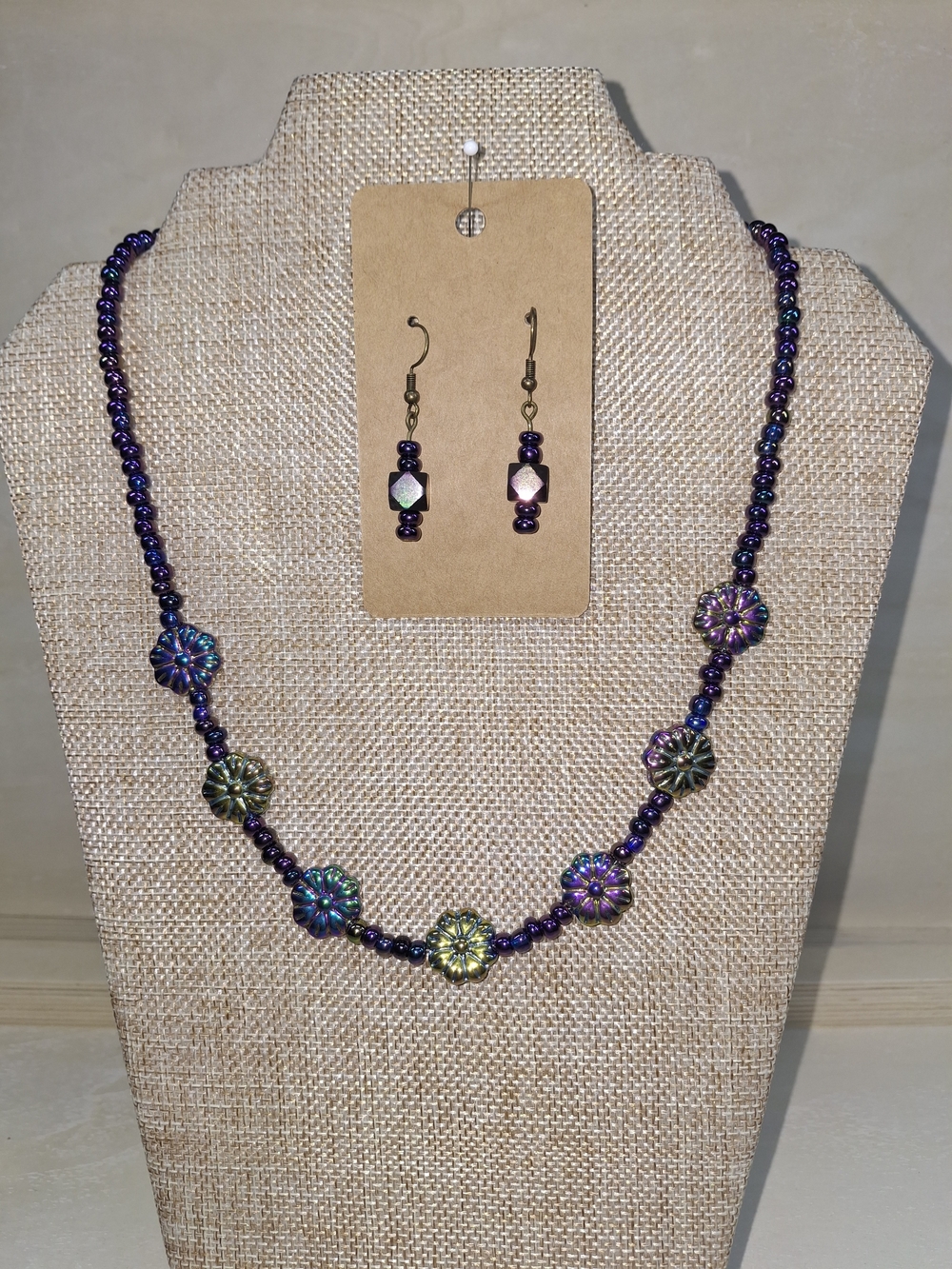 Handmade Iridescent Purple Flower Bead Necklace & Earring Set